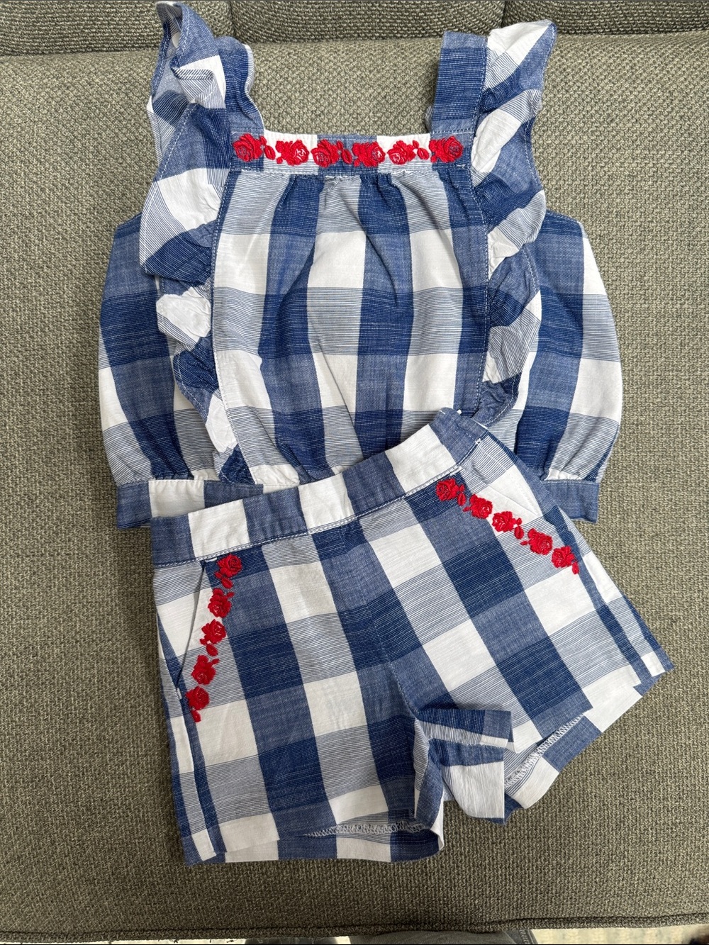 Set:Blue and White Gingham Ruffle Tank with Rose Embroidery and matching shorts.